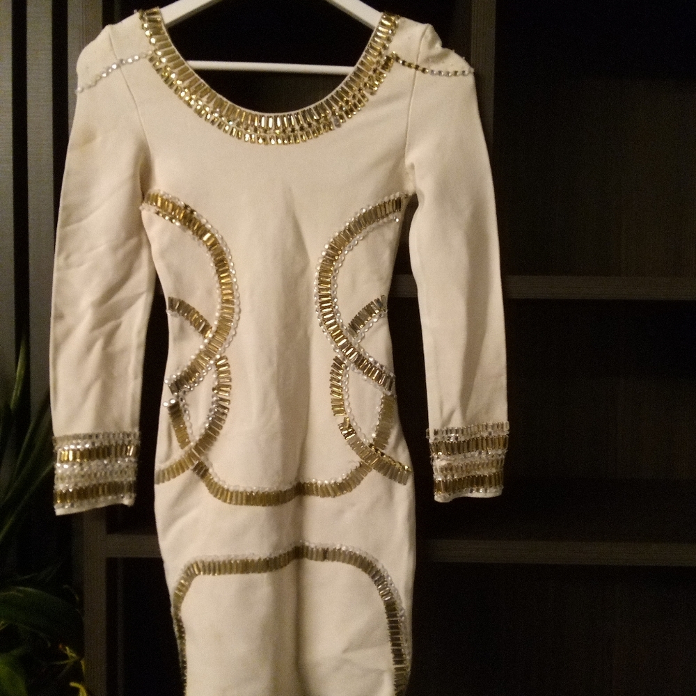 Herve Leger, Medium, White with Golden beaded sequins